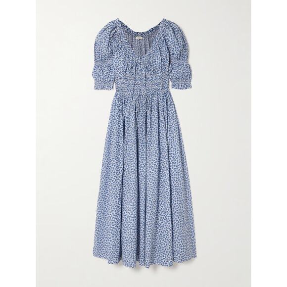 Doen Ischia Shirred Floral Cotton-voile Midi Dress - XXS - Navy